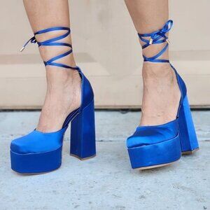 Womens Satin Platform Chunky Lace Up Heels Blue Color